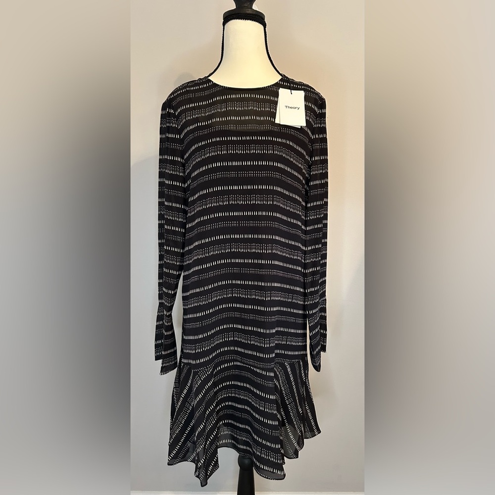 NWT THEORY Marah Fresh Drop Waist Silk Black Ivory Cream Dots Dress Size 6